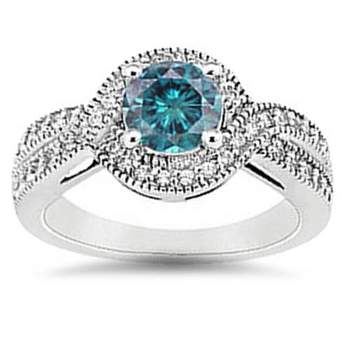 Pompeii3 1ct Vintage Halo Treated Blue Diamond Engagement Ring 14K White Gold Round Cut