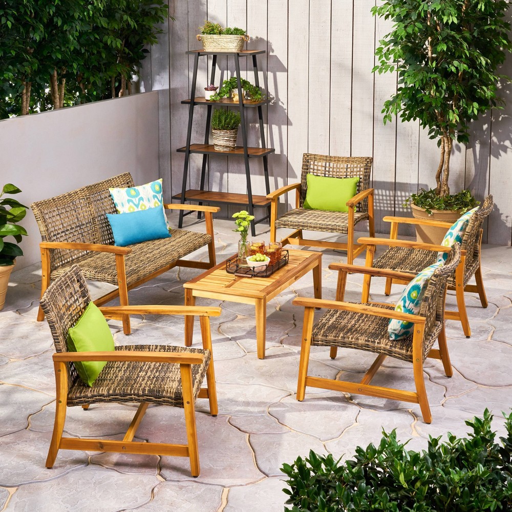 Photos - Garden Furniture Hampton 6pc Wood & Wicker Chat Set - Natural/Gray - Christopher Knight Hom
