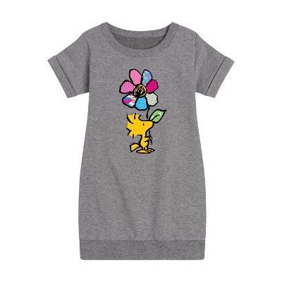 - Peanuts - Woodstock With Flower And Pattern Graphic Short Sleeve Fleece Dress