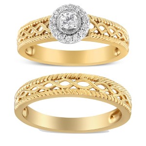 14K Yellow Gold Over Silver 1/5 Cw Diamond Halo Engagement and Wedding Band Set - 1 of 4