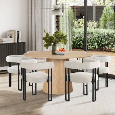 7-Piece Round Dining Table Set with 6 Upholstered Chenille Chairs, 52” Modern Pedestal Table with Metal Leg Dining Chairs for Kitchen-Maison Boucle
