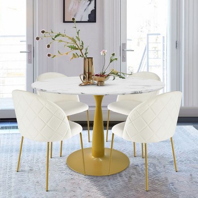40'' Harris Round Artificial Marble Top Pedestal Modern Dining Table Gold Base- Maison Boucle