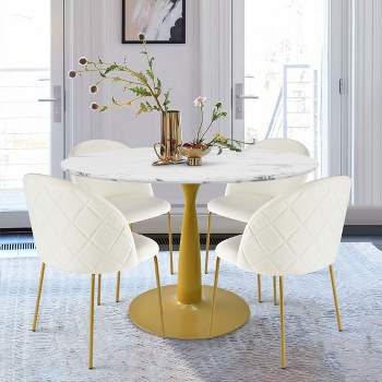 40'' Harris Round Artificial Marble Top Pedestal Modern Dining Table Gold Base- The Pop Maison
