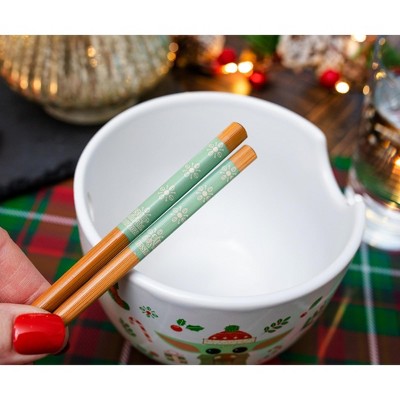 White Ceramic Christmas Ramen Bowl with Chopsticks Set