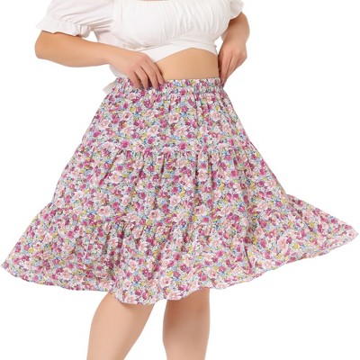 Agnes Orinda Women's Plus Size Elastic High Waist Ruffle Hem Pleated Midi Floral Print A Line Skirts