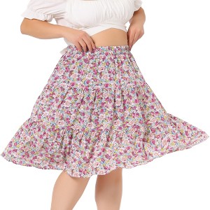 Agnes Orinda Women's Plus Size Elastic High Waist Ruffle Hem Pleated Midi Floral Print A Line Skirts - 1 of 4
