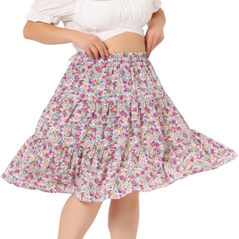 Agnes Orinda Women's Plus Size Elastic High Waist Ruffle Hem Pleated Midi Floral Print A Line Skirts, 1 of 6