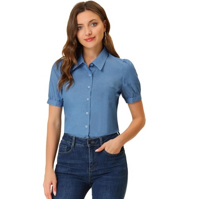 Allegra K Women's Point Collar Short Sleeve Button Down Denim Shirt ...