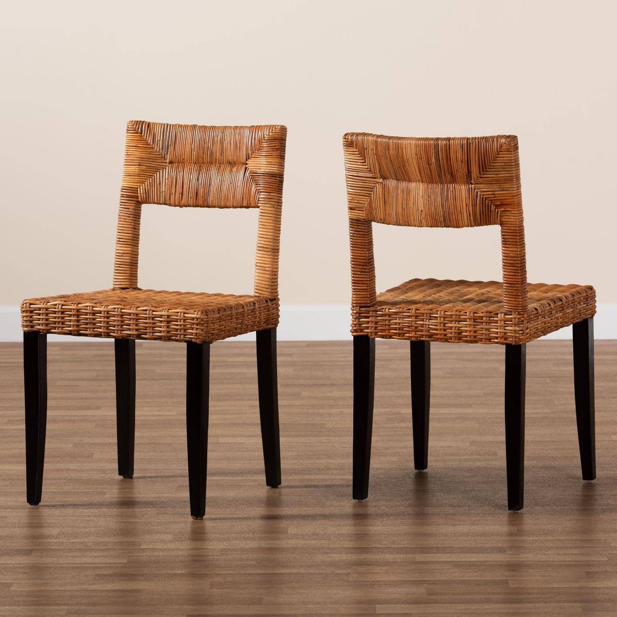bali & pari Manrico Wood and Natural Rattan Dining Chair Dark Brown/Natural Brown: Bohemian Style, Geometric Weave, No Assembly Required - thumbnail 8