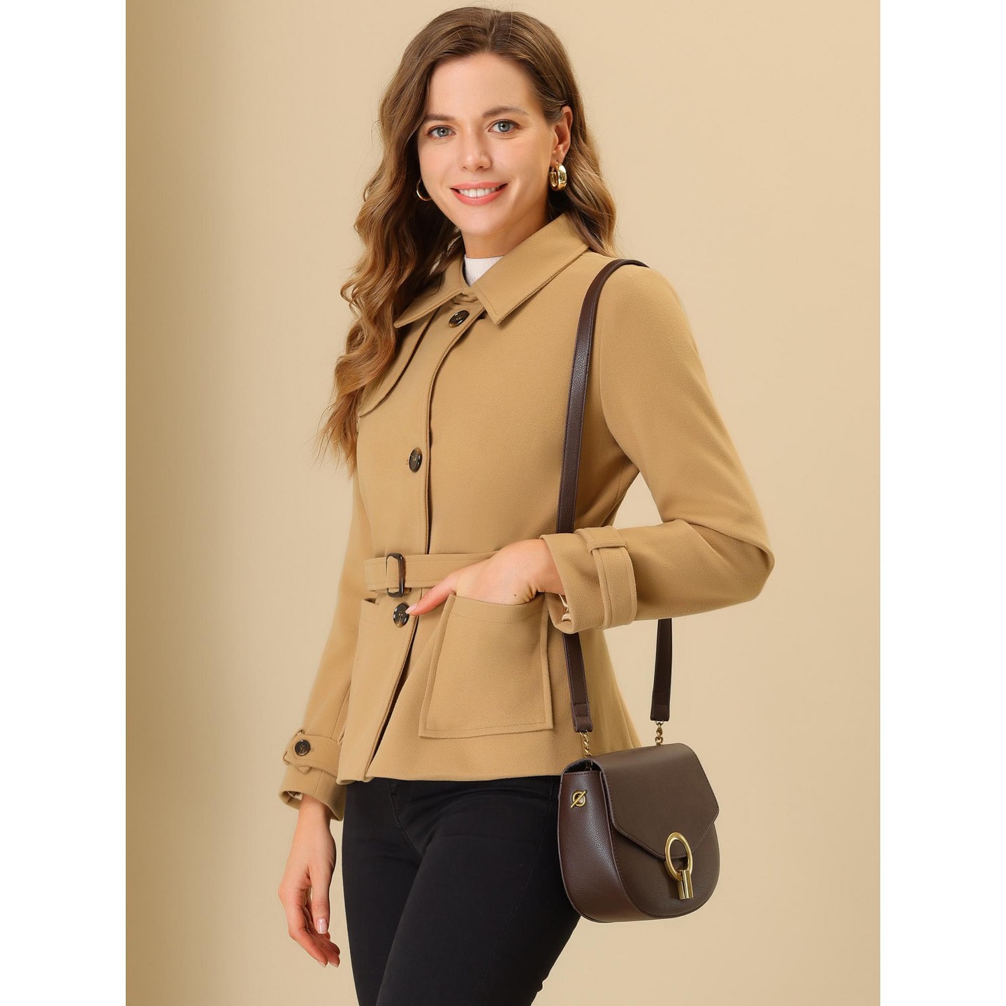 Женское пальто Allegra K Winter Outerwear Single Breasted Belted Pea Coat with Pockets Khaki, цвет: Хаки — фото 3