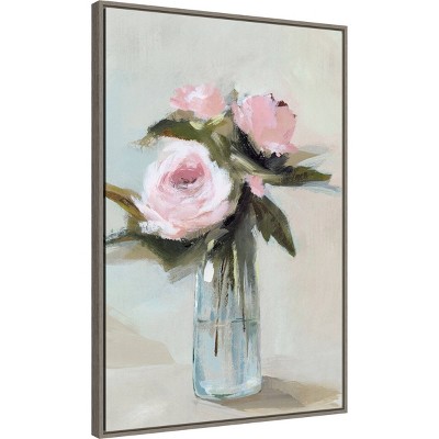 Large Pale Pink Peony Blossoms in Blue Vase Canvas Print