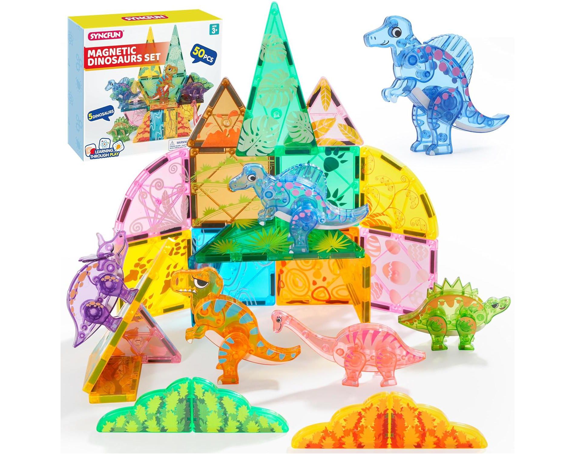 Magnetic Tiles For Kids 50PCS Building Blocks with Dinosaur or Jungle Animal Construction STEM Educational Toy Christmas Birthday Gift for Boys Girls