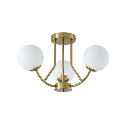 PAKOKULA 3-Light Gold Industrial Semi-Flush Mount Ceiling Light With Globe Frosted Glass Shade for Dinning Room Entryway