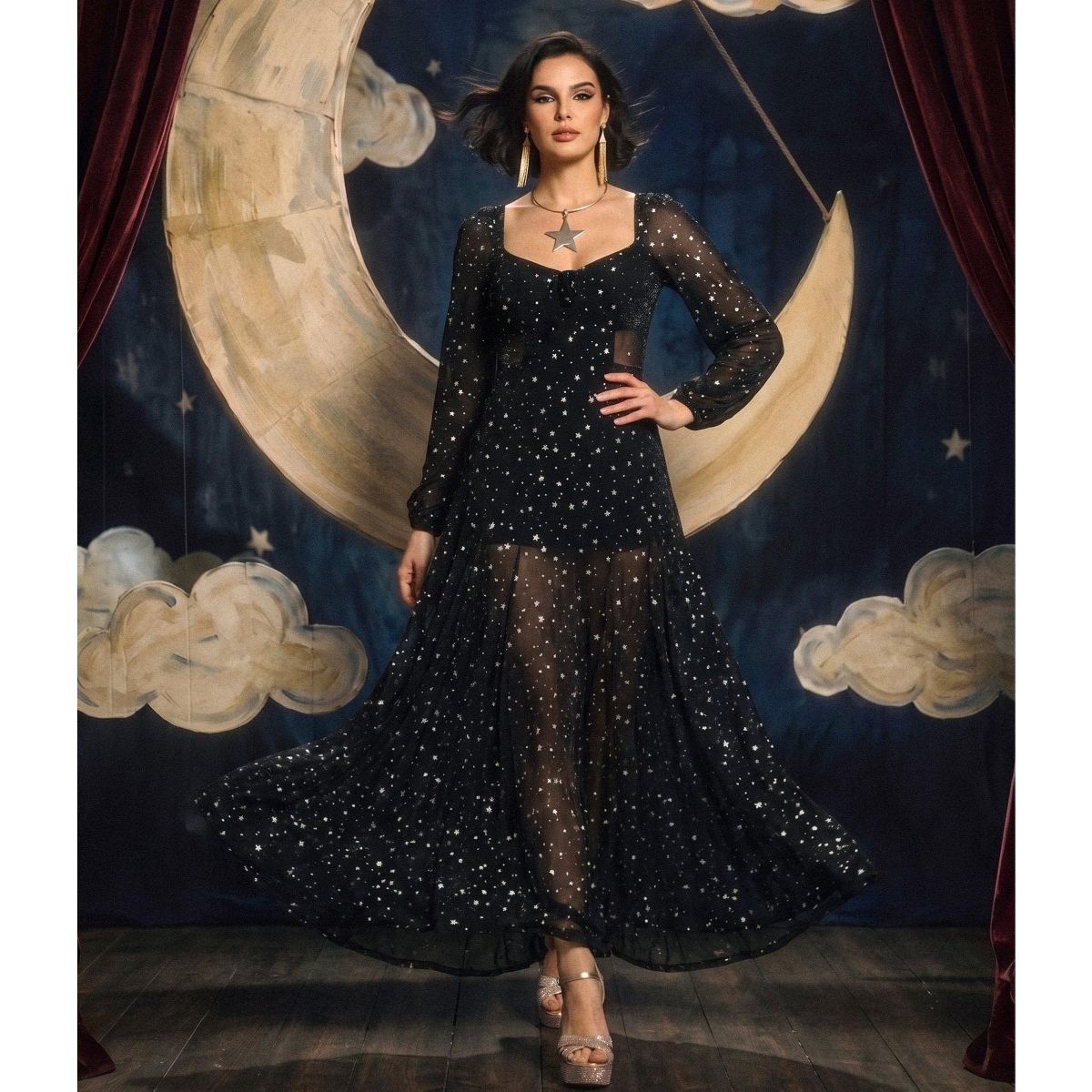 Unique Vintage Women's Long Sleeve Tara Maxi Dress