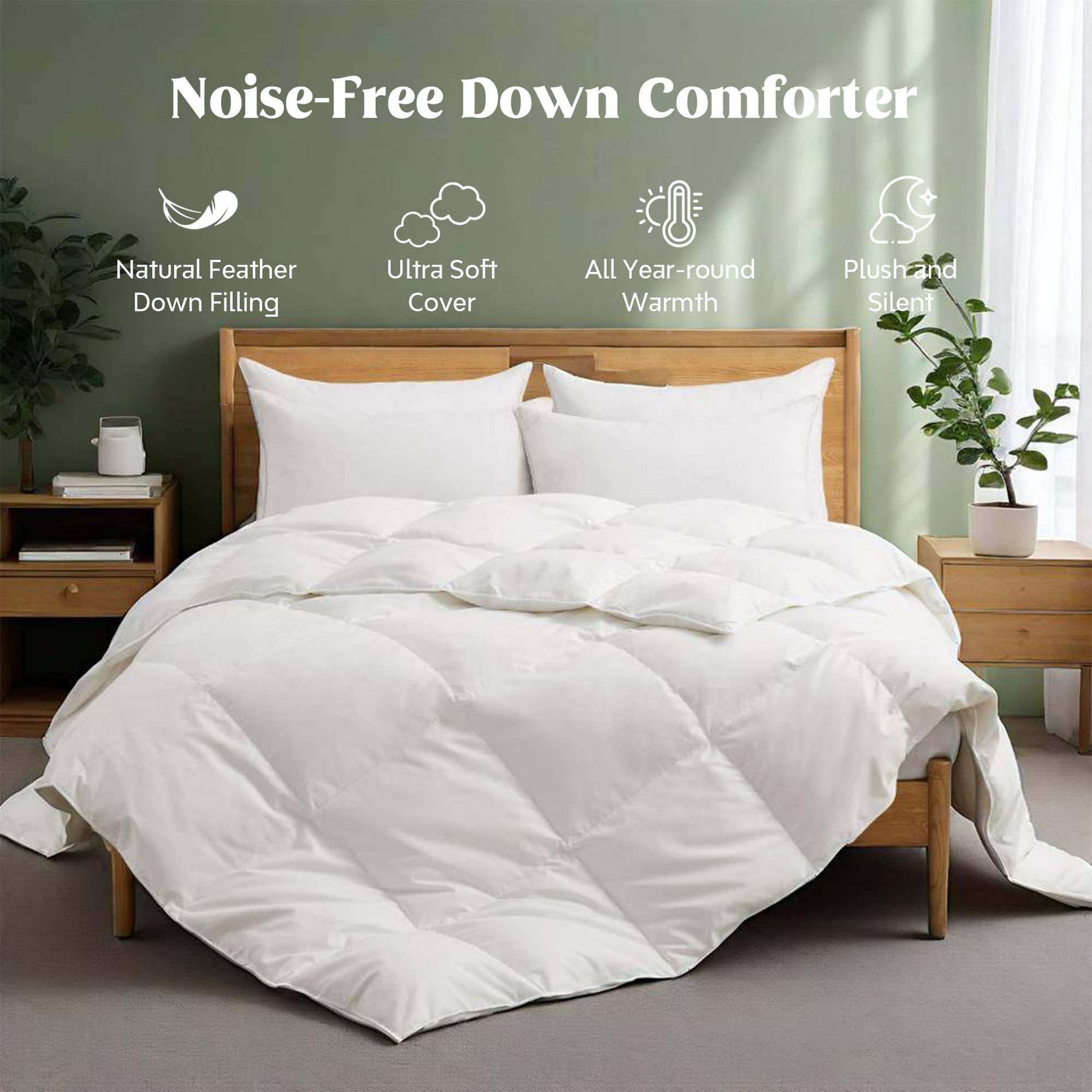 Peace Nest Ultra Soft Noiseless Down Comforter, Natural All Season Duvet Insert, White, King, 104x88"