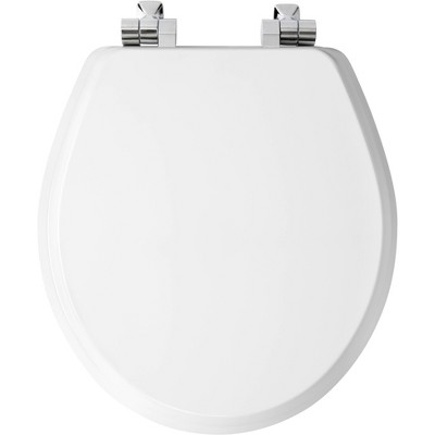 White Round Soft Close Enameled Wood Toilet Seat with Chrome Hinges
