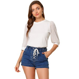 Allegra K Women's Retro Solid Color Blouse Semi Sheer Mesh Puff Sleeve Top - 1 of 4
