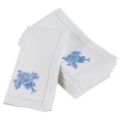 Saro Lifestyle Embroidered Floral Vase Hemstitch Design Cotton Napkins (Set of 6)