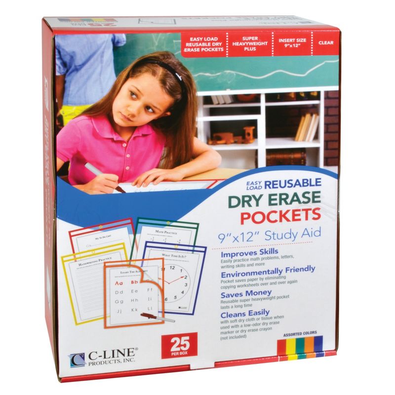 C-Line® Super Heavyweight Plus Reusable Dry Erase Pockets - Study Aid, Assorted Primary Colors, 9 x 12, Box of 25, 2 of 3