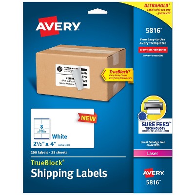 Avery TrueBlock Laser Shipping Labels 2-1/2" x 4" White 8 Labels/Sheet 25 Sheets/Pack 200