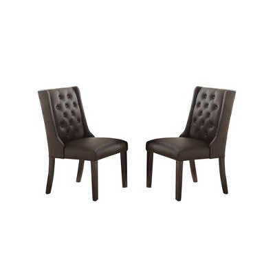 Simple Relax Set of 2 Faux Leather Dining Chairs with Button Tufted Back in Espresso
