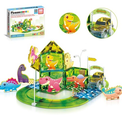 PICASSO-TILES 89 PC Dinosaur Theme, Race Track, Magnetic Tiles, Building Blocks, STEM Toys for Kids 3+