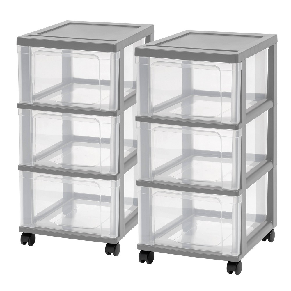 IRIS 3 Drawer Narrow Plastic Storage Drawer Cart Gray 2pk