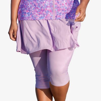 Calypsa Women's Plus Size Chlorine Resistant High Waisted Flared Swim Skort With Attached Capri Leggings