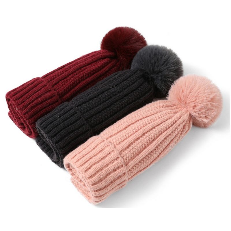 Women's Solid Color 100% Acrylic Knit Hat with pom And Fleece Lining, 2 of 5