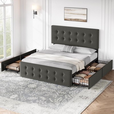 Whizmax Bed Frame with 4 Storage Drawers and Headboard, Faux Leather Upholstered Platform Bed Frame with Wooden Slats Support,  No Box Spring Needed