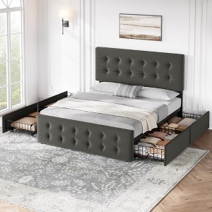 Whizmax Bed Frame with 4 Storage Drawers and Headboard, Faux Leather Upholstered Platform Bed Frame with Wooden Slats Support,  No Box Spring Needed - 1 of 4