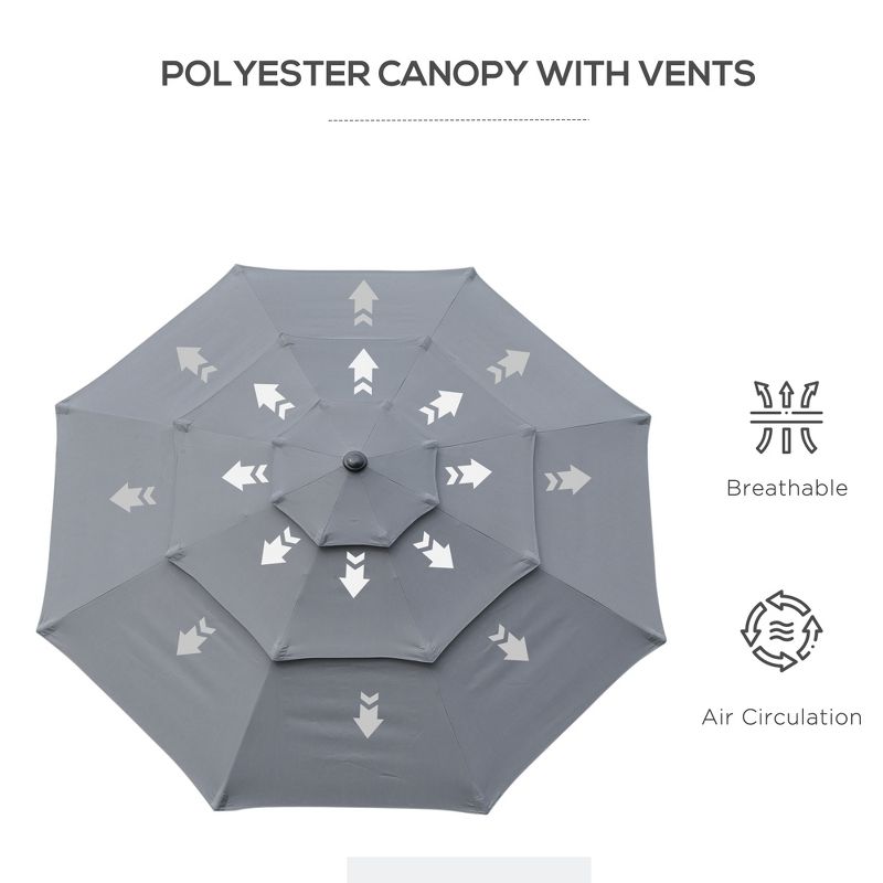 Outsunny 9FT 3 Tiers Patio Umbrella Outdoor Market Umbrella with Crank, Push Button Tilt for Deck, Backyard and Lawn, 5 of 7
