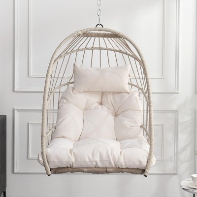 Outdoor Egg Swing Chair PE Rattan Hanging Chair with Cushion Folding Hammock Basket Chair with Metal Chain for Patio Balcony Garden -The Pop Home
