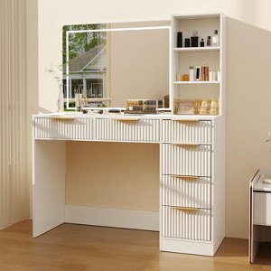 white modern dressing table with drawers Modern Makeup Vanity, Dressing Table with 3 Drawers and Cabinet, Rustic Brown