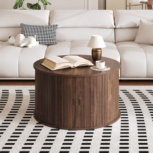 28-Inch Circular Dark Walnut Wooden Center Table with Textured Fluted ...