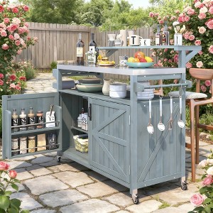 BAOURE 53.3" Outdoor Kitchen Island with Raised Shelf, Solid Wood Storage Cabinet with Stainless Steel Top, Rolling Grill Cart - Grey Blue - 1 of 4