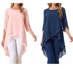 INSPIRE CHIC Women's High Low Hem Scoop Neck Asymmetrical 3/4 Sleeve Summer Top 2 Packs - 1 of 4