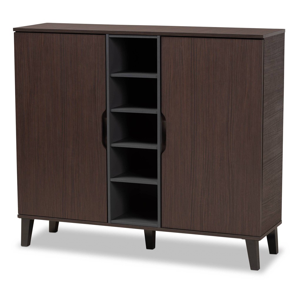 2 Door Idina Mid-Century Wood Shoe Cabinet Brown/Gray - Baxton Studio: Modern Storage for 25 Pairs, MDF Composite