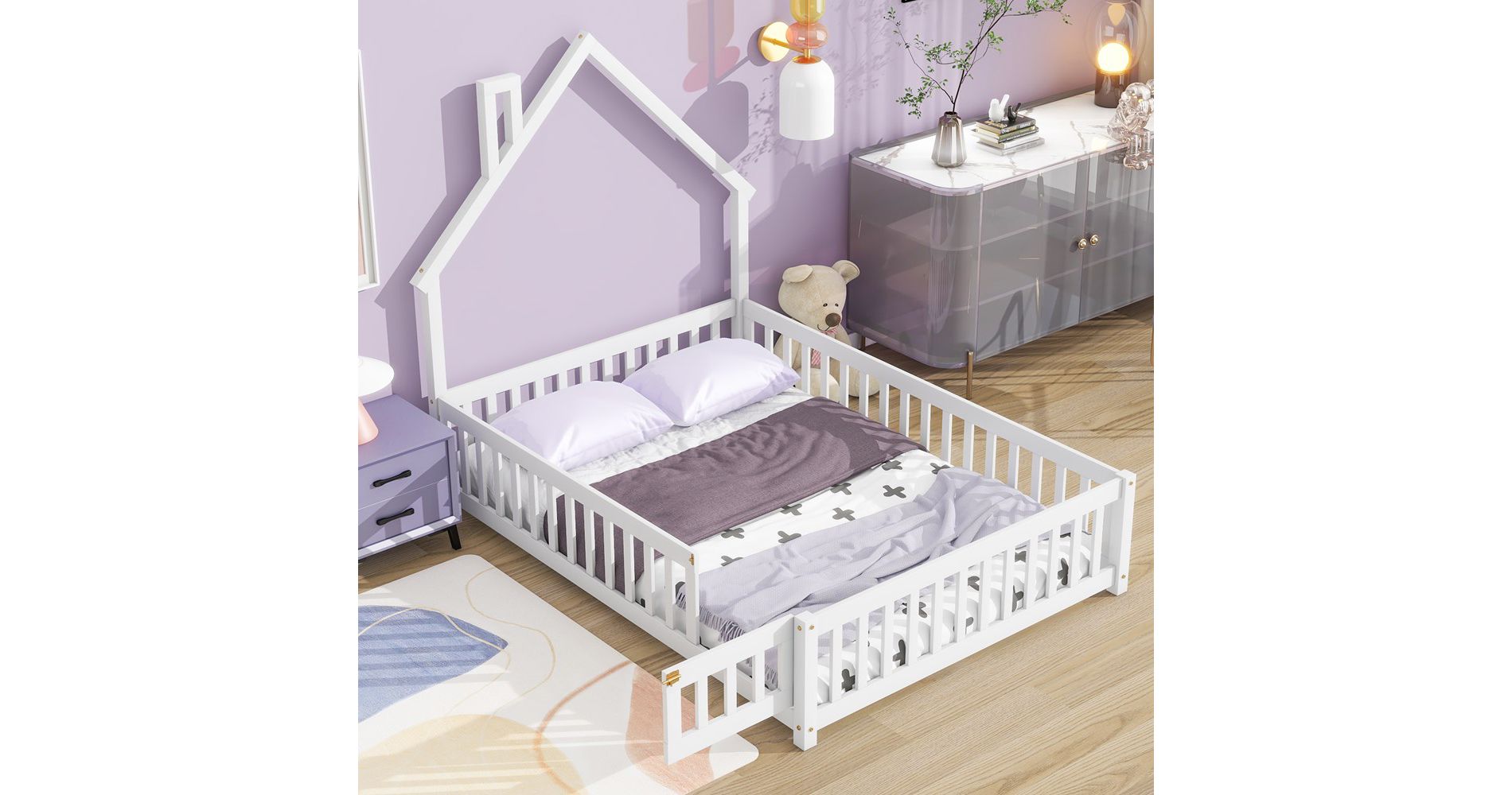 LOVMOR Full House-Shaped Headboard Floor Bed with Fence