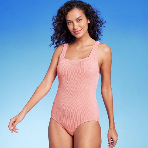 Women's Full Coverage Pucker Textured Square Neck One Piece Swimsuit - Kona  Sol™ Coral Pink XL