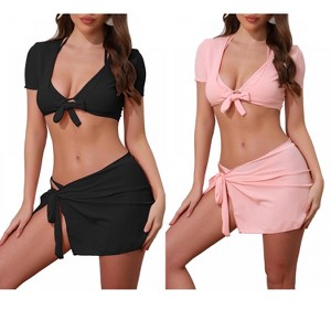 INSPIRE CHIC Women's Tie Knot Halter Ribbed Short Sleeve Cover Up Set Triangle Bottom Swimwear Bathing Bikini Suits 2 Sets - 1 of 4