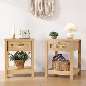 Bekrvio 18-Inch Boho Rattan Nightstand Set of 1/2, Bedside Table w/Drawer & Brass Knobs, Wood End Table w/Open Shelf for Bedroom/Living Room - 1 of 4