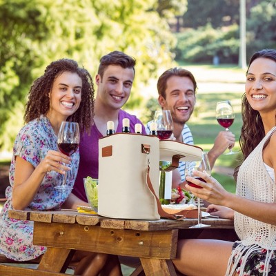 Beige 4-Bottle Insulated Canvas Wine Carrier Tote