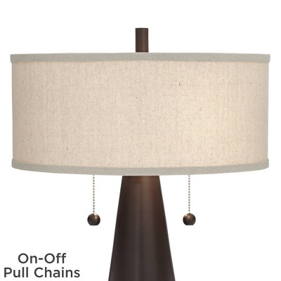 Bronze Tapered Table Lamps with Natural Drum Shades and USB Ports, Set of 2