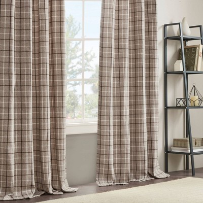Brown Plaid Polyester Light-Filtering Curtain Panel with Fleece Lining