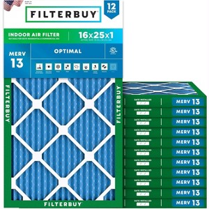Filterbuy 16x25x1 Air Filter (12-Pack), Pleated MERV 13 Health Defense Replacement HVAC AC Furnace Filters (Actual Size: 15.50 x 24.50 x 0.75) - 1 of 4