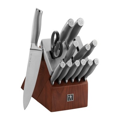 Henckels Modernist 14-pc Self-Sharpening Knife Set with Block, Chef Knife, Paring Knife, Bread Knife, Steak Knife, Dark Brown, Stainless Steel