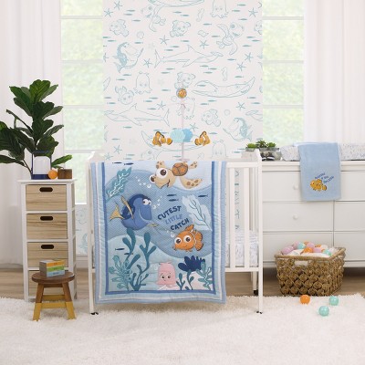 Disney Finding Nemo Cutest Little Catch Light Blue, Orange, and Navy 3 Piece Nursery Mini Crib Bedding Set