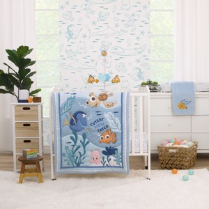 Disney Finding Nemo Cutest Little Catch Light Blue, Orange, and Navy 3 Piece Nursery Mini Crib Bedding Set - 1 of 4