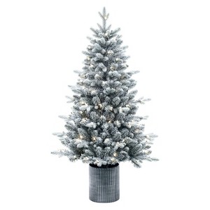 Vickerman 4.5'x30" Frosted Potted Spruce Artificial Slim Pre-Lit Christmas Tree - 1 of 4
